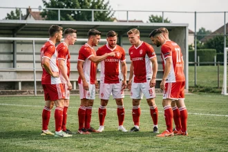 Joueurs d'un club de football essonnien en cercle tactique avant un match sur un terrain local