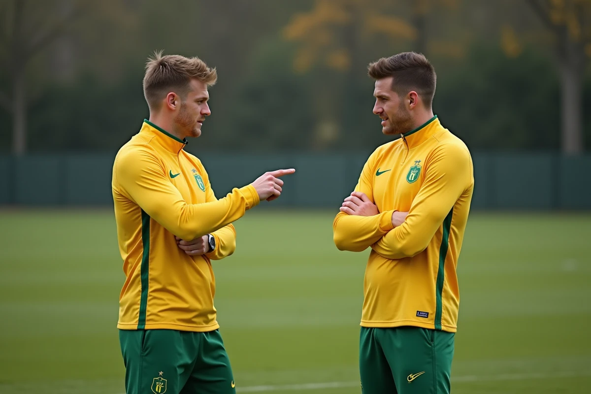 Deux joueurs du FC Nantes en discussion tactique à l'entraînement, reflétant l'impact des rumeurs de transfert sur la composition de l'équipe