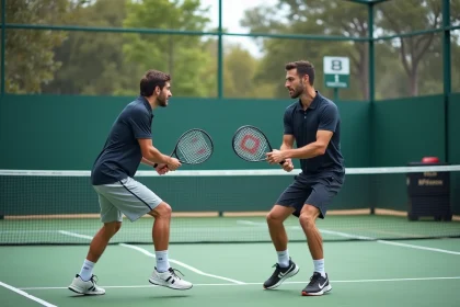 Deux joueurs de padel en match sur un court en verre avec tableau de score visible, illustrant la compétition par points P100 en 2026
