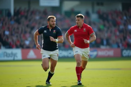 Deux joueurs de rugby en action lors du Six Nations sur le terrain