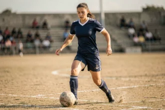 Joueuse de football féminin en pleine action sur un terrain de football, dribblant un ballon avec détermination, style portrait éditorial sportif