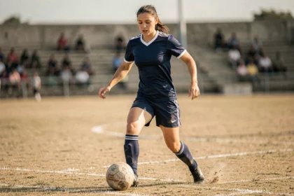 Joueuse de football féminin en pleine action sur un terrain de football, dribblant un ballon avec détermination, style portrait éditorial sportif