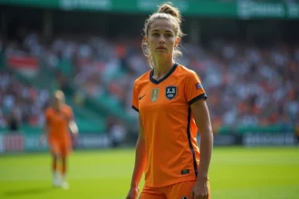 Joueuse de football féminin en tenue officielle sur un terrain de foot avec stade en arrière-plan