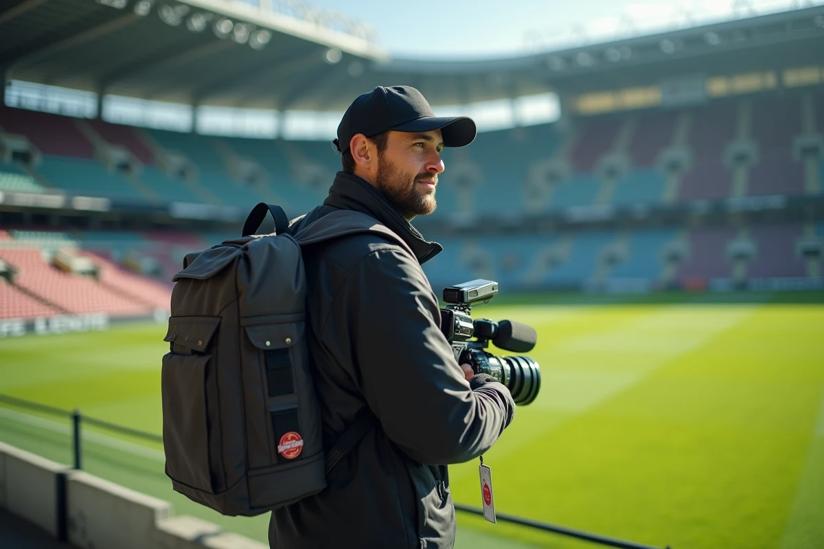Journaliste sportif accrédité en bord de terrain dans un stade de football lors d'un jour de match