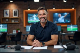 Journaliste sportif passionné présentant son émission depuis un studio médiatique moderne avec équipements de diffusion
