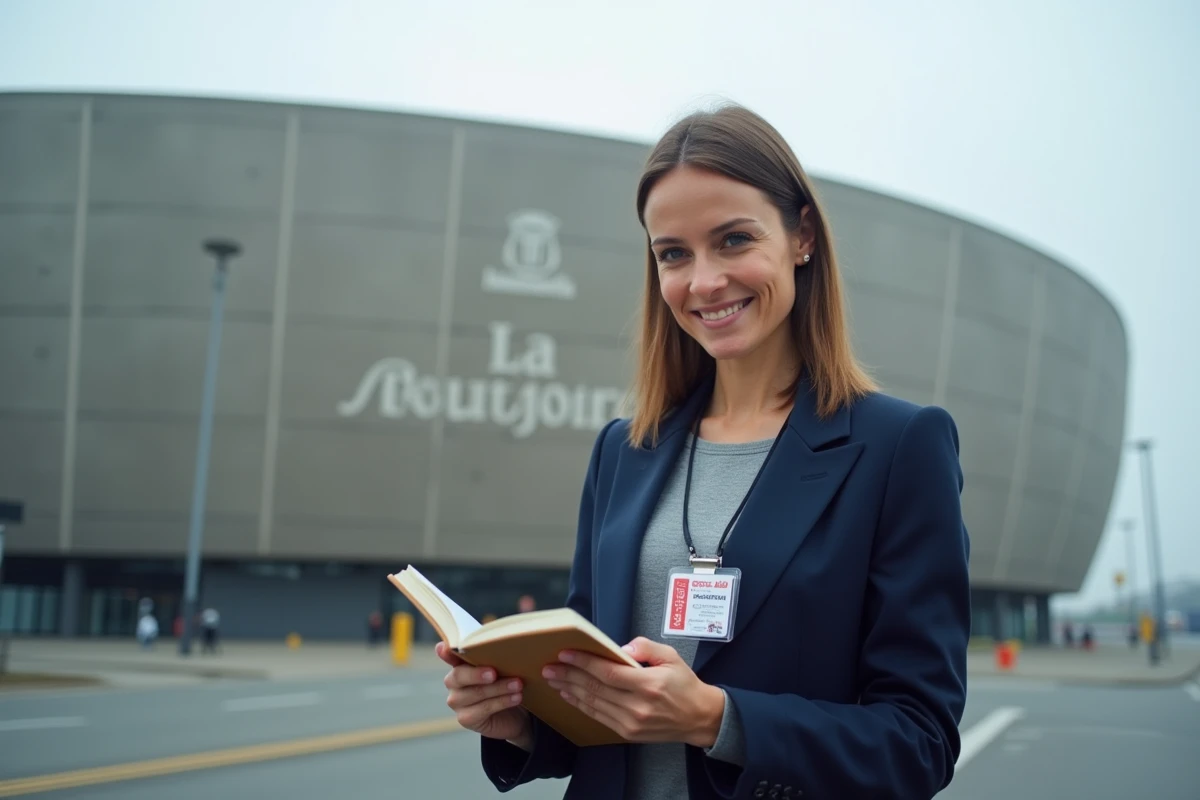 Journaliste sportive prenant des notes devant le stade de la Beaujoire du FC Nantes