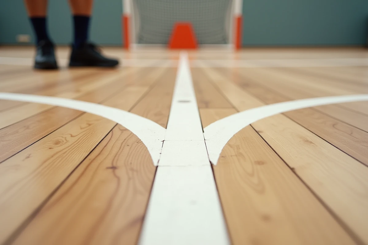 Gros plan sur les lignes de surface de but et de jet franc d'un terrain de handball réglementaire