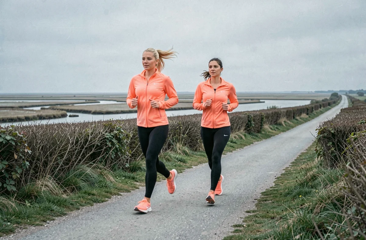Louise, coach sportive en Vendée, courant avec une cliente sur un sentier côtier vendéen
