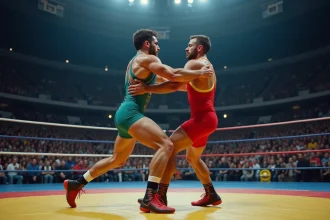 Deux lutteurs en action dans la Défense Arena