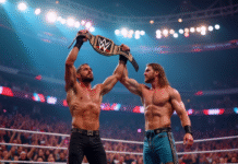 Deux lutteurs WWE dans un stade rempli avec un champion haut