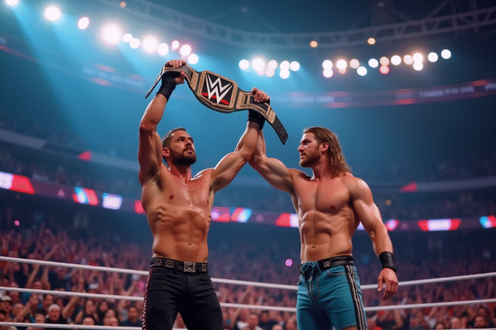 Deux lutteurs WWE dans un stade rempli avec un champion haut