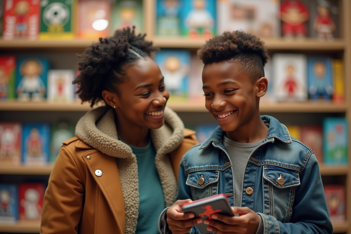 Maman et enfant découvrant un masque Mbappé dans une boutique de jouets