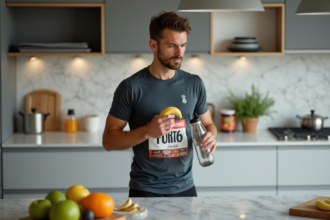 Marathonien homme mangeant une banane dans une cuisine moderne
