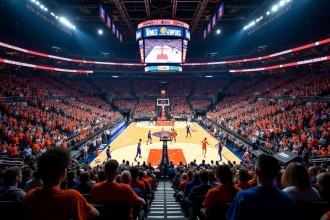 Vue grand angle d'un match de basket NBA dans une grande salle de New York, avec des milliers de spectateurs dans les tribunes et les joueurs sur le parquet