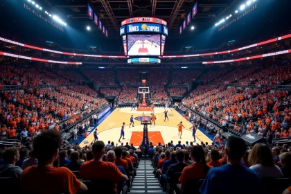 Vue grand angle d'un match de basket NBA dans une grande salle de New York, avec des milliers de spectateurs dans les tribunes et les joueurs sur le parquet