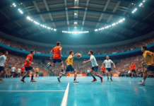 Match de handball intense en intérieur avec joueurs en action