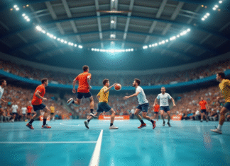 Les différentes phases d’un match de handball : une question de temps Match de handball intense en intérieur avec joueurs en action