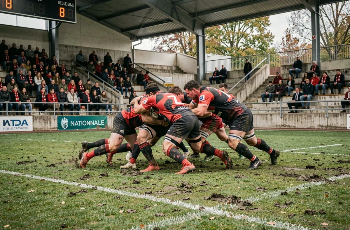Match de rugby Nationale 2026 avec mêlée en direct dans un stade régional français