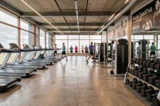 Vue panoramique d'une grande salle de sport moderne en Côtes-d'Armor avec équipements de fitness et adhérents en entraînement