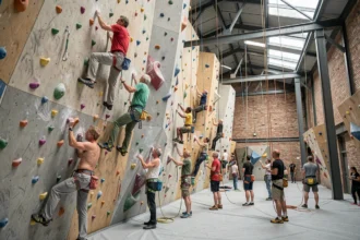 Vue générale d'une salle d'escalade dans les Hauts-de-France avec grimpeurs sur des voies colorées