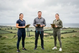 Groupe de coachs sportifs professionnels en Vendée posant en plein air près du littoral atlantique