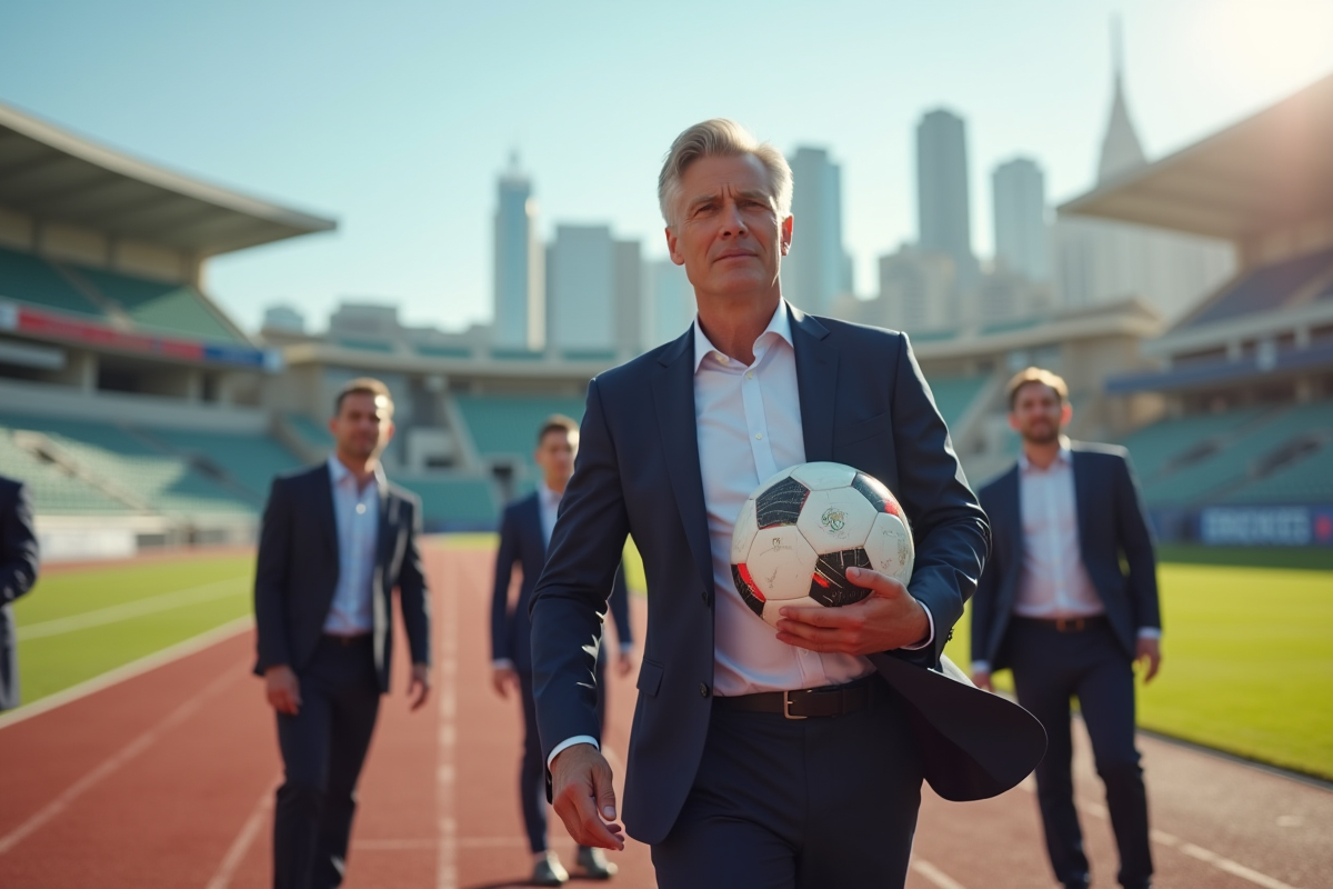 Ministre du sport avec ballon dans un stade en plein jour