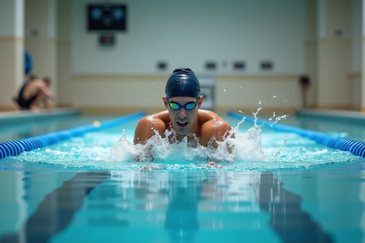 Nageur adulte en nage libre dans un couloir de piscine municipale couverte, séance de natation sportive en pleine longueur