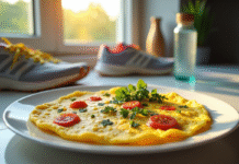 Omelette aux herbes et légumes sur une assiette blanche