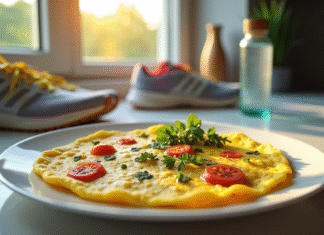 Œufs et sport : les bienfaits d’une alimentation post-entraînement Omelette aux herbes et légumes sur une assiette blanche