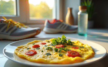 Œufs et sport : les bienfaits d’une alimentation post-entraînement Omelette aux herbes et légumes sur une assiette blanche