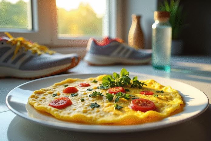 Omelette aux herbes et légumes sur une assiette blanche