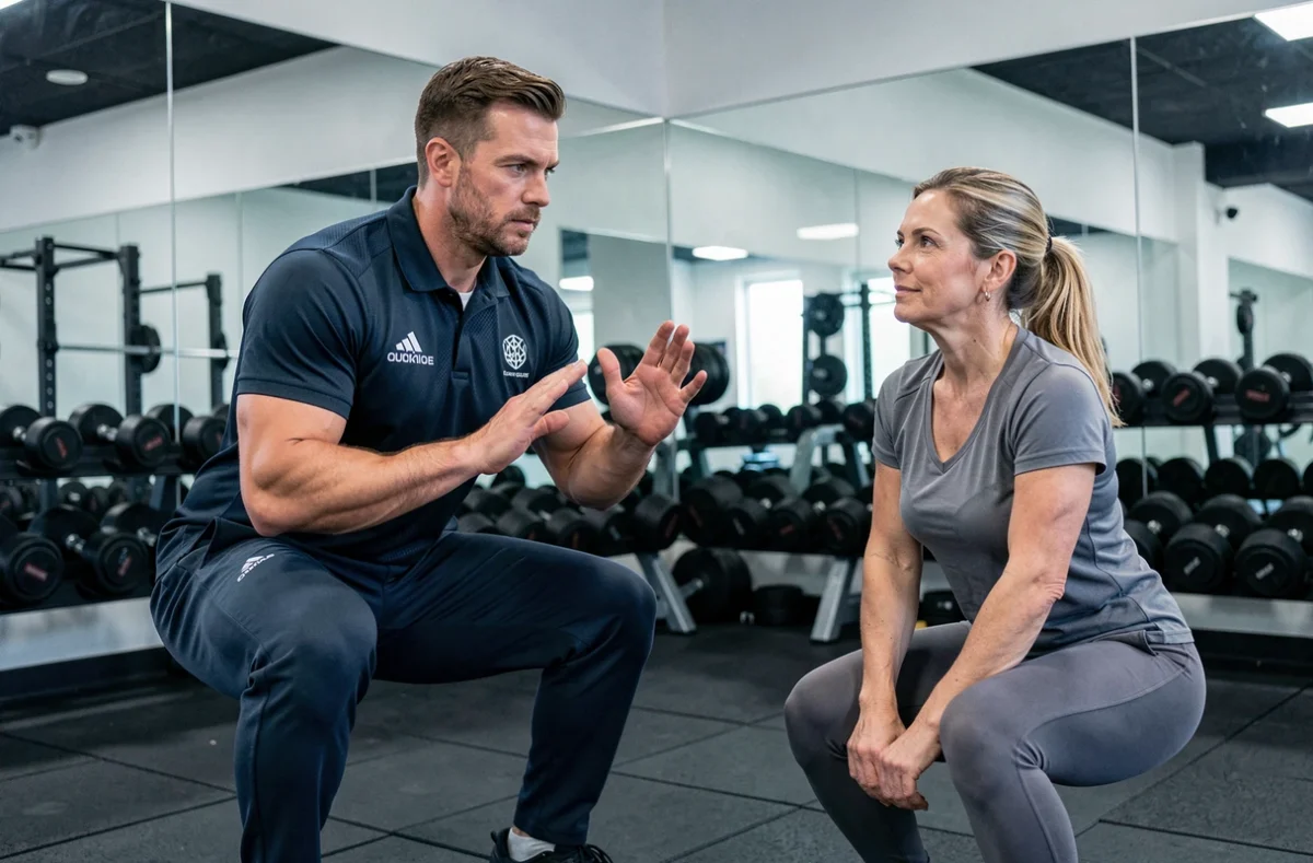 Coach sportif masculin d'Ouest Coach Vendée guidant une cliente lors d'un exercice de squat en salle