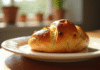 Pain aux raisins doré sur une assiette en céramique lumière naturelle
