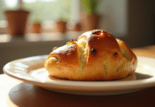 Pain aux raisins doré sur une assiette en céramique lumière naturelle