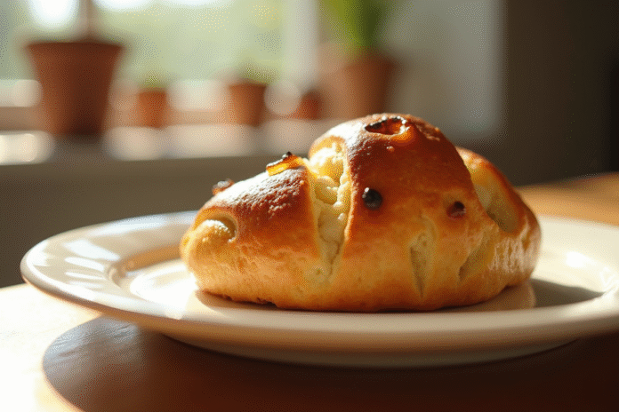 Pain aux raisins doré sur une assiette en céramique lumière naturelle