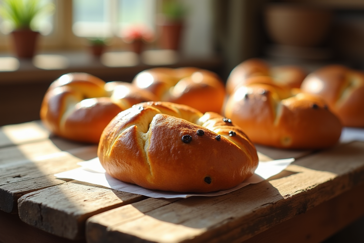 Pain aux raisins sur une table en bois scene de petit déjeuner ensoleillée