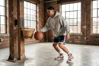 Jeune homme en tenue streetwear driblant un ballon de basket près d'un panier en osier vintage dans un loft urbain aux murs de briques apparentes