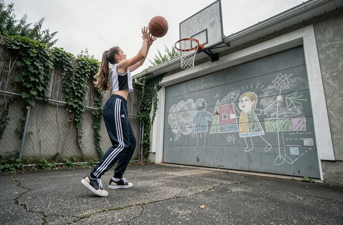 Adolescente en tenue de sport shootant un ballon vers un panier en osier bricolé au-dessus d'un garage dans une allée de banlieue au sol fissuré