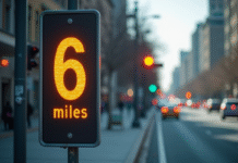 Panneau routier urbain indiquant 6 miles et kilomètres