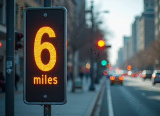 Combien de kms sont 6 miles ? Panneau routier urbain indiquant 6 miles et kilomètres