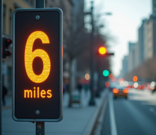 Panneau routier urbain indiquant 6 miles et kilomètres