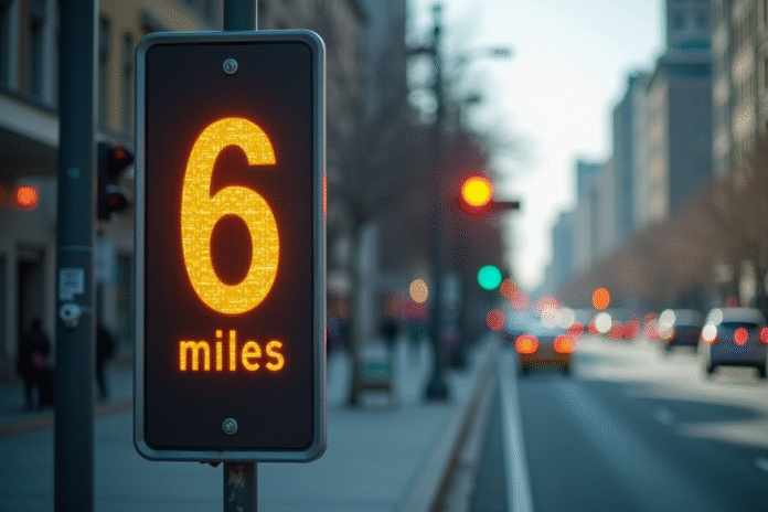 Panneau routier urbain indiquant 6 miles et kilomètres