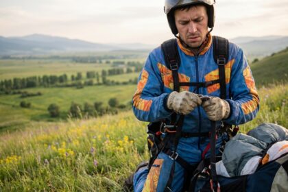 Homme parapente vérifiant ses attaches en plein air