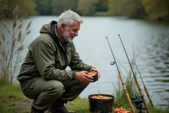 Homme d'âge moyen en pêche au lac avec boilies colorés