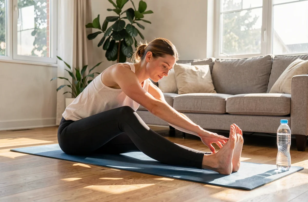 Personne qui fait des exercices de renforcement léger sur un tapis au salon