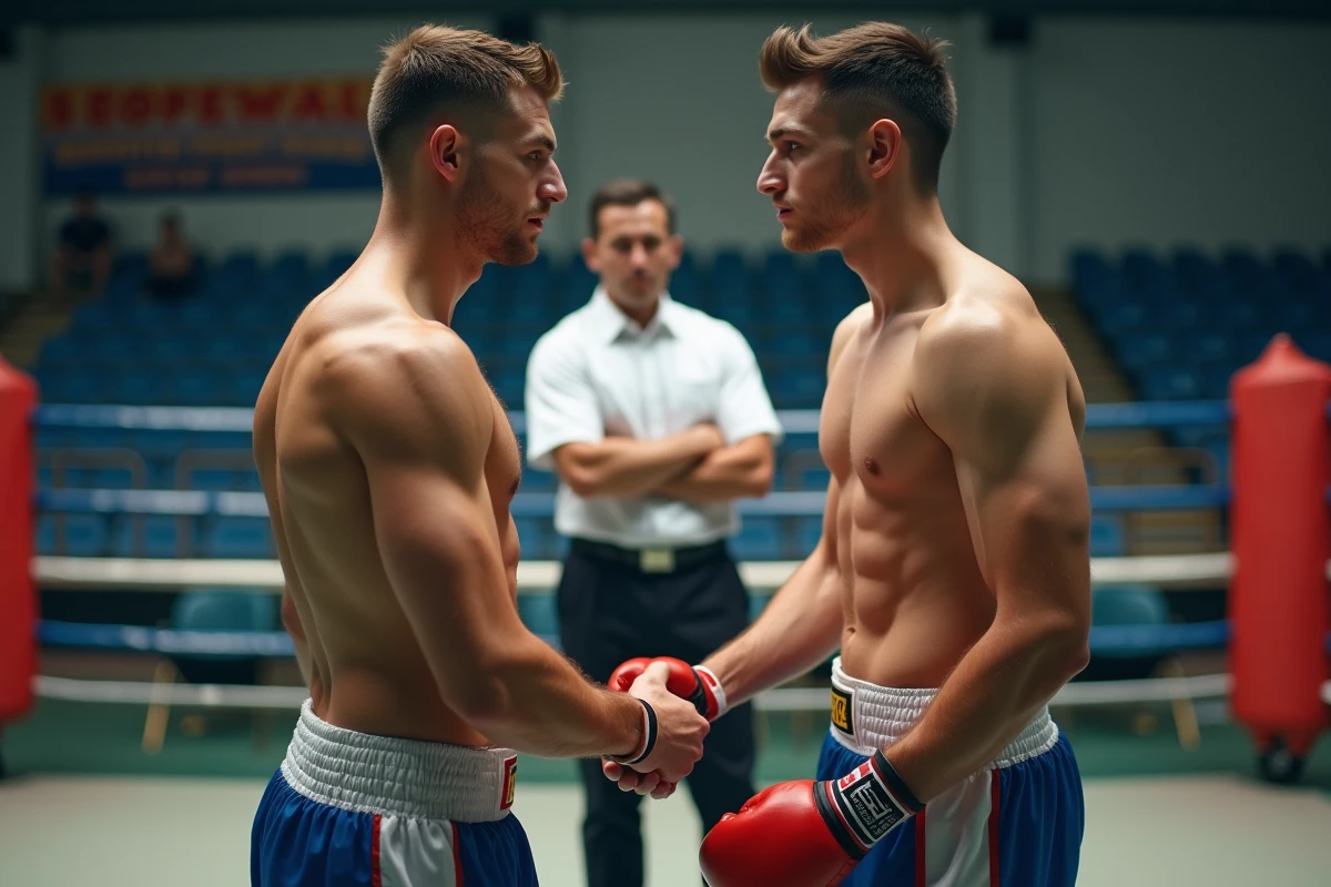 Deux boxeurs amateurs se serrant la main lors d'une pesée officielle avant un combat en compétition