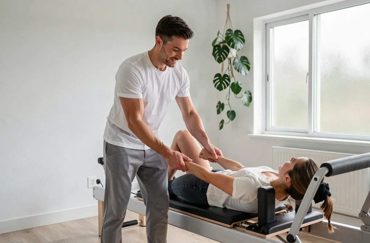 Pierre, coach sportif et professeur de Pilates, guidant une élève sur un reformer dans un studio épuré