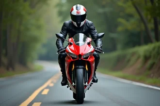 Jeune pilote sur une Aprilia RS 125 rouge en position de conduite sportive sur route asphaltée