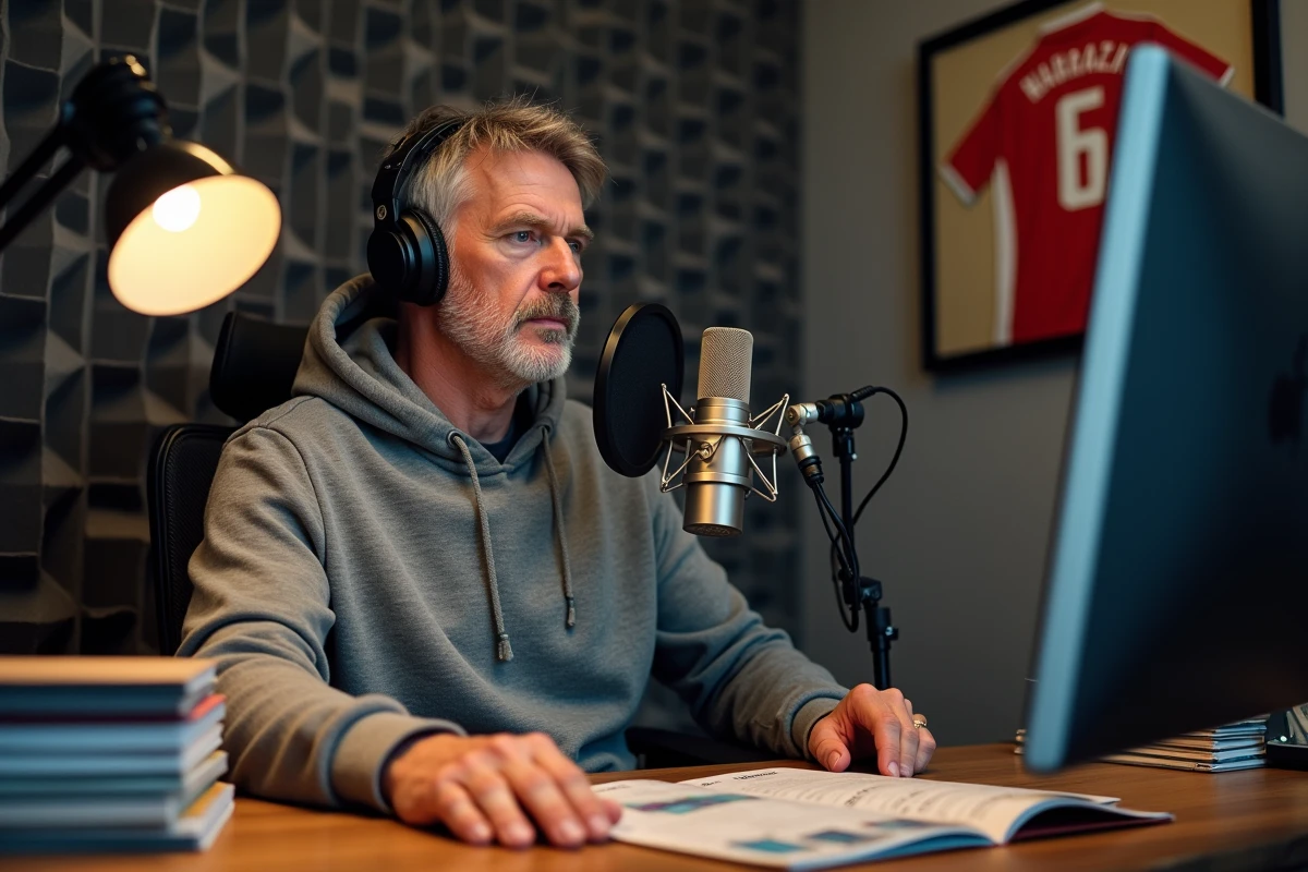 Créateur de contenu sportif enregistrant un podcast dans un studio maison acoustique avec microphone professionnel