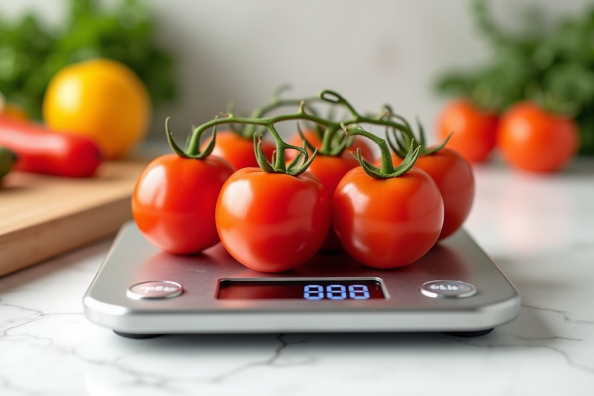 Tomates cerises sur balance de cuisine avec légumes frais en arrière-plan